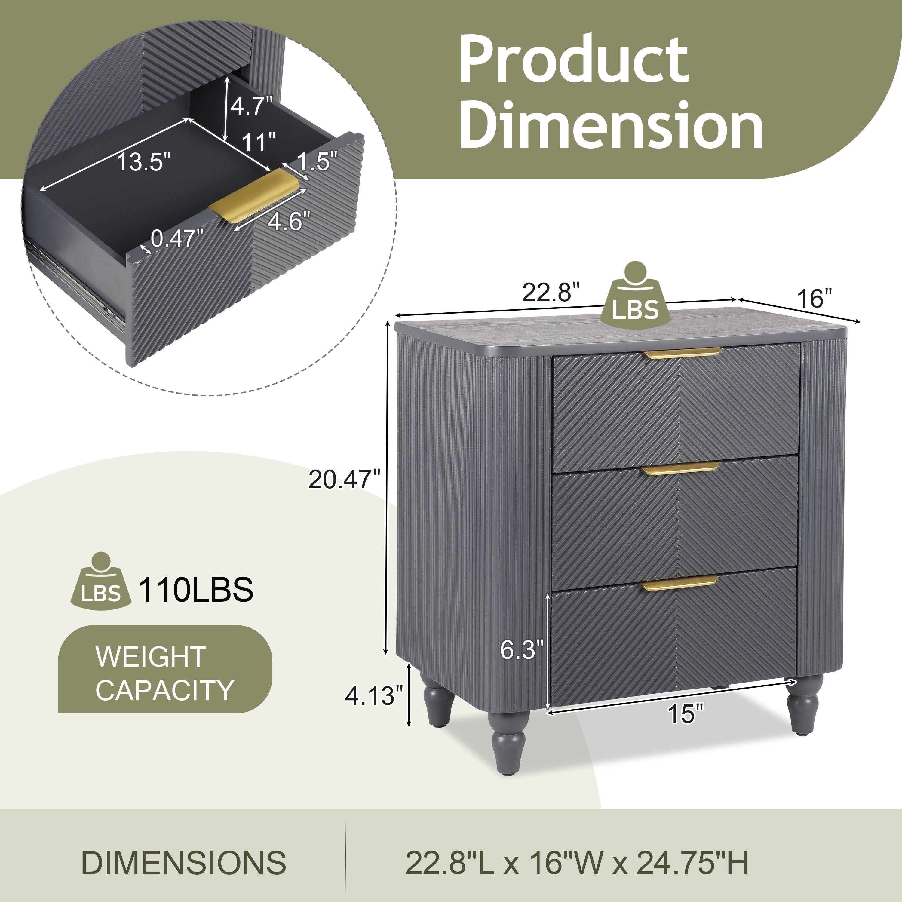 Mid-Century Nightstand with 3 Drawers in Dark Gray.