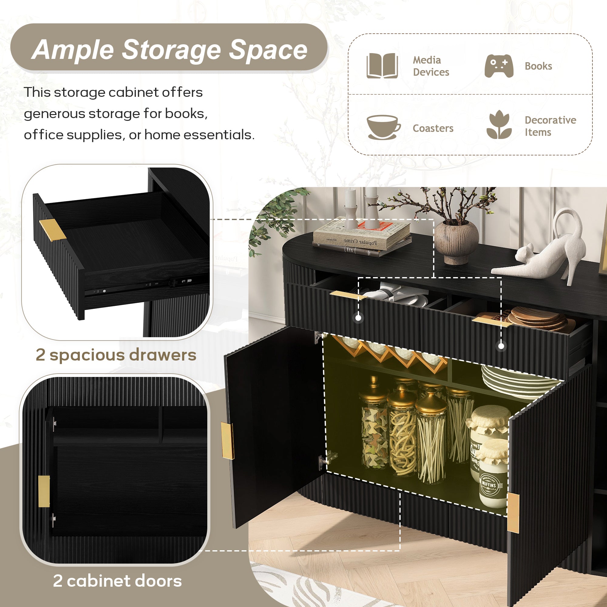 U_STYLE Storage Cabinet - Modern Design & Ample Space showing internal storage layout with two drawers and two-door compartments for home essentials.