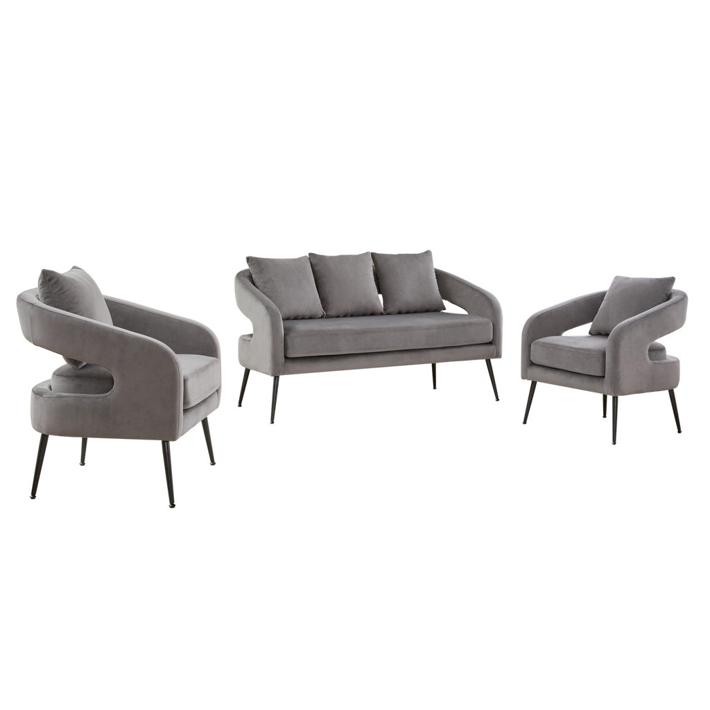 Mid Century Modern Velvet 3-Piece Living Room Set with Metal Legs in Charcoal, Loveseat & 2 Accent Chairs, Upholstered in Soft Velvet, Solid Wood Frame, Round Arms, Black Metal Legs