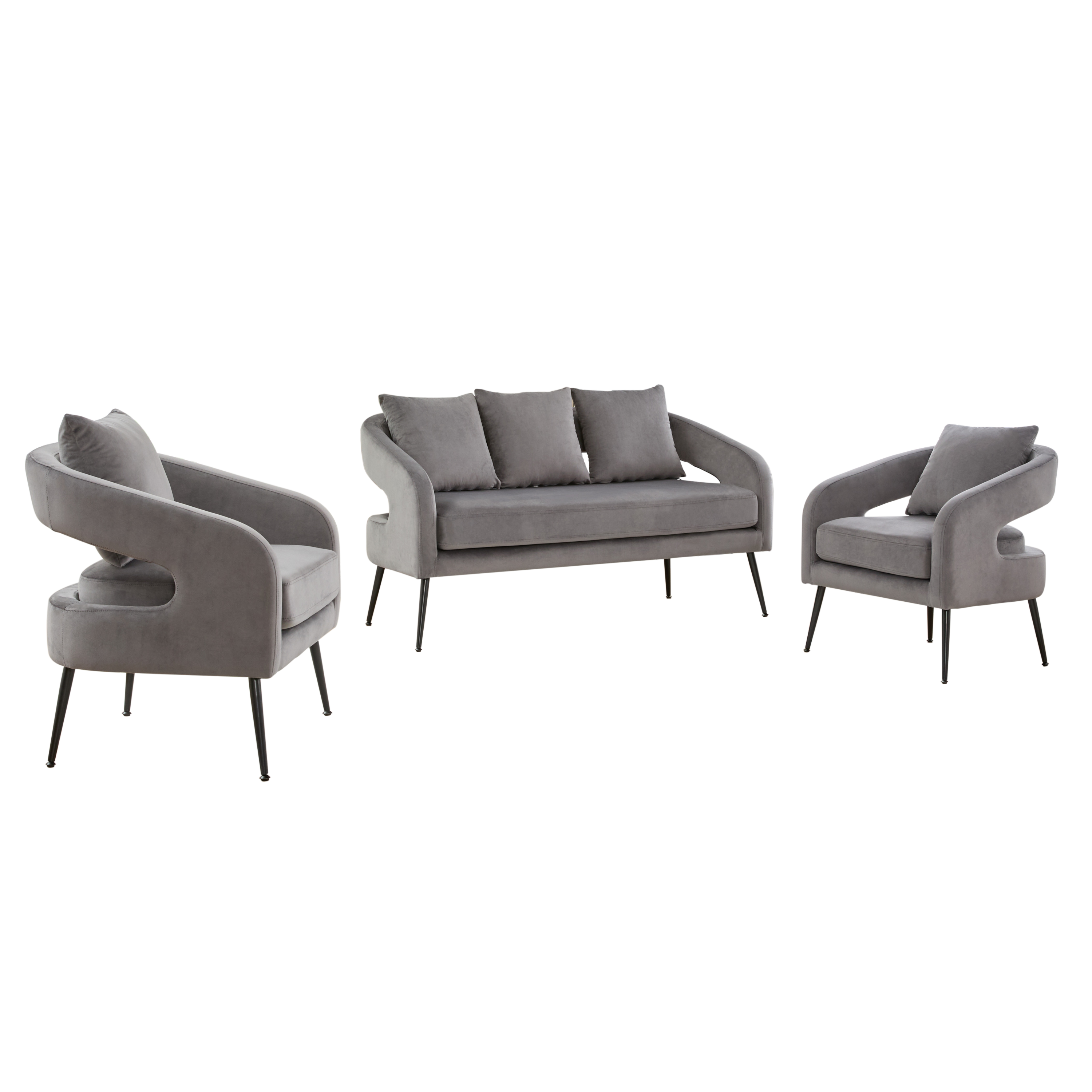 Mid Century Modern Velvet 3-Piece Living Room Set with Metal Legs in Charcoal, Loveseat & 2 Accent Chairs, Upholstered in Soft Velvet, Solid Wood Frame, Round Arms, Black Metal Legs