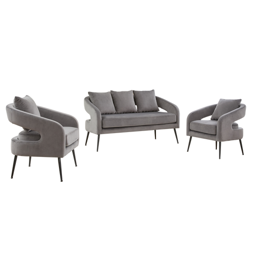 Mid Century Modern Velvet 3-Piece Living Room Set with Metal Legs in Charcoal, Loveseat & 2 Accent Chairs, Upholstered in Soft Velvet, Solid Wood Frame, Round Arms, Black Metal Legs.