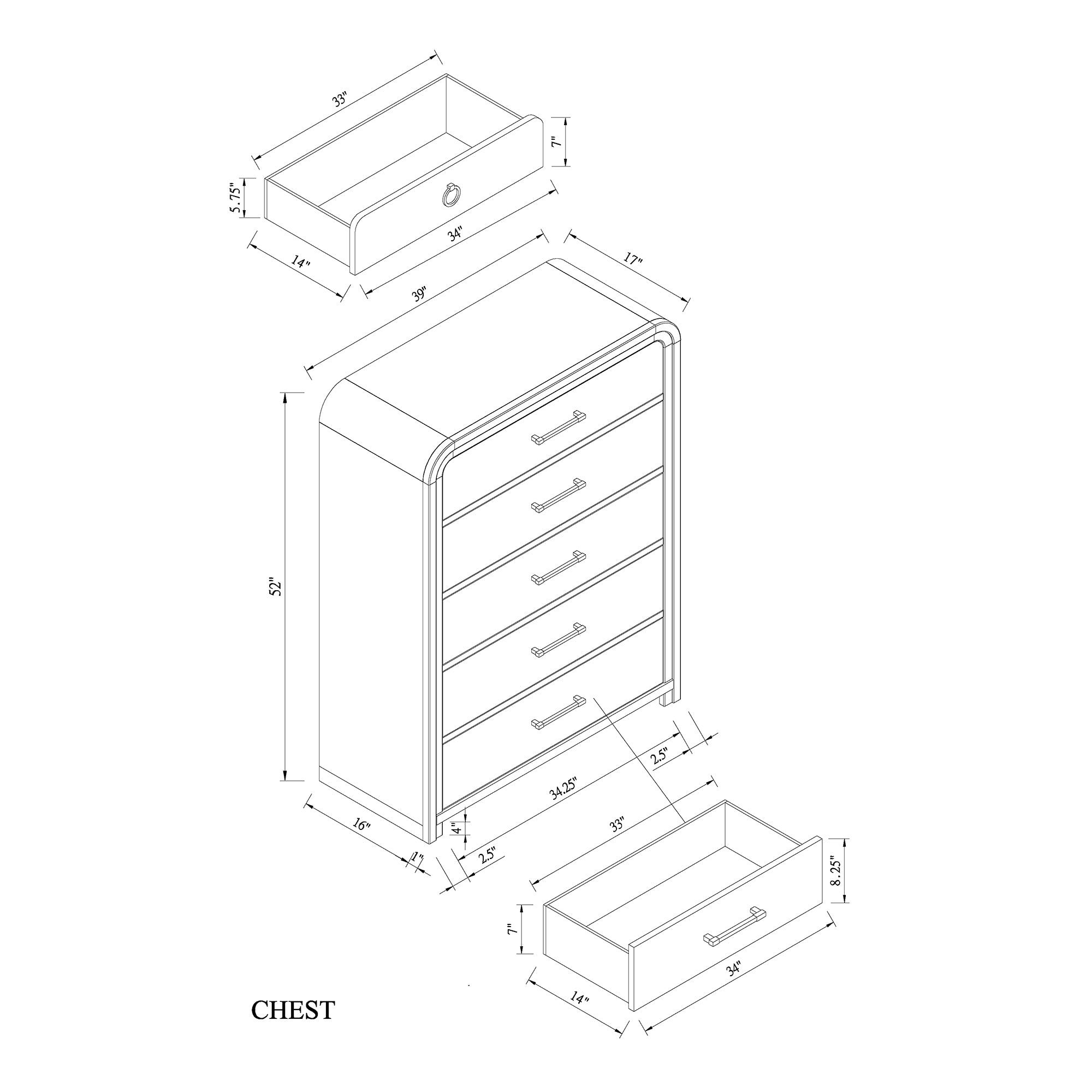 Technical drawing of Malco Oak Chest with dimensions and drawer layout, highlighting detailed measurements for bedroom furniture planning.