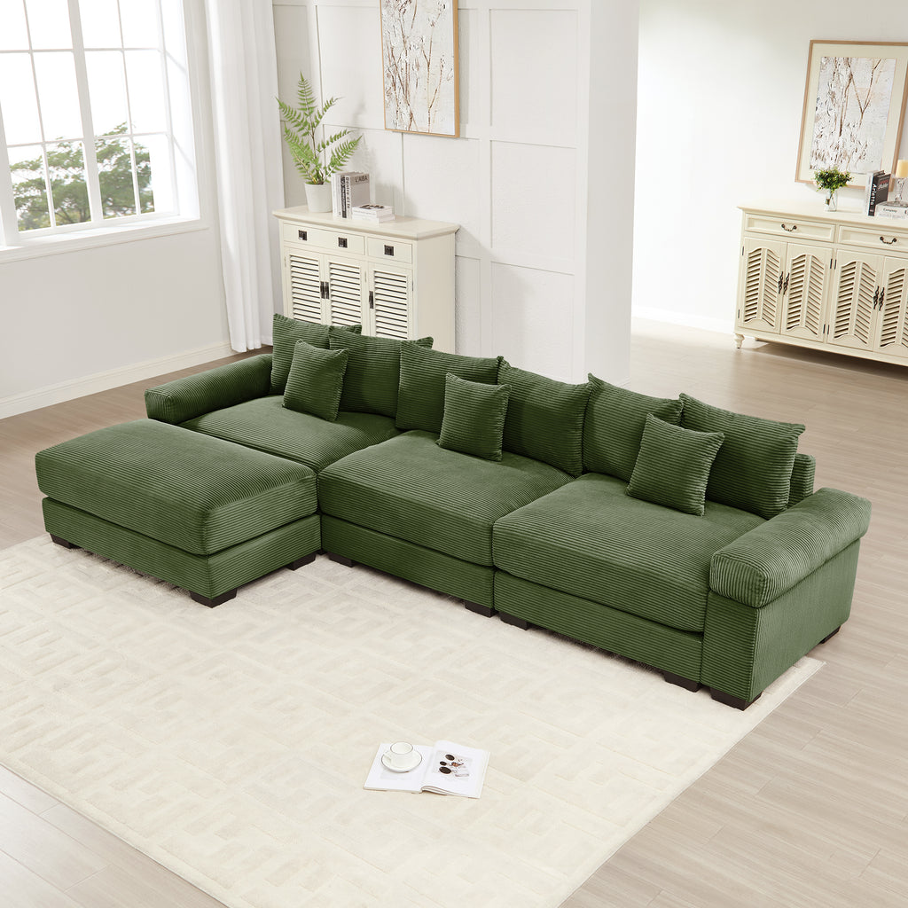 130-Inch Oversized Green Corduroy Modular L-Shape Sectional with Ottoman