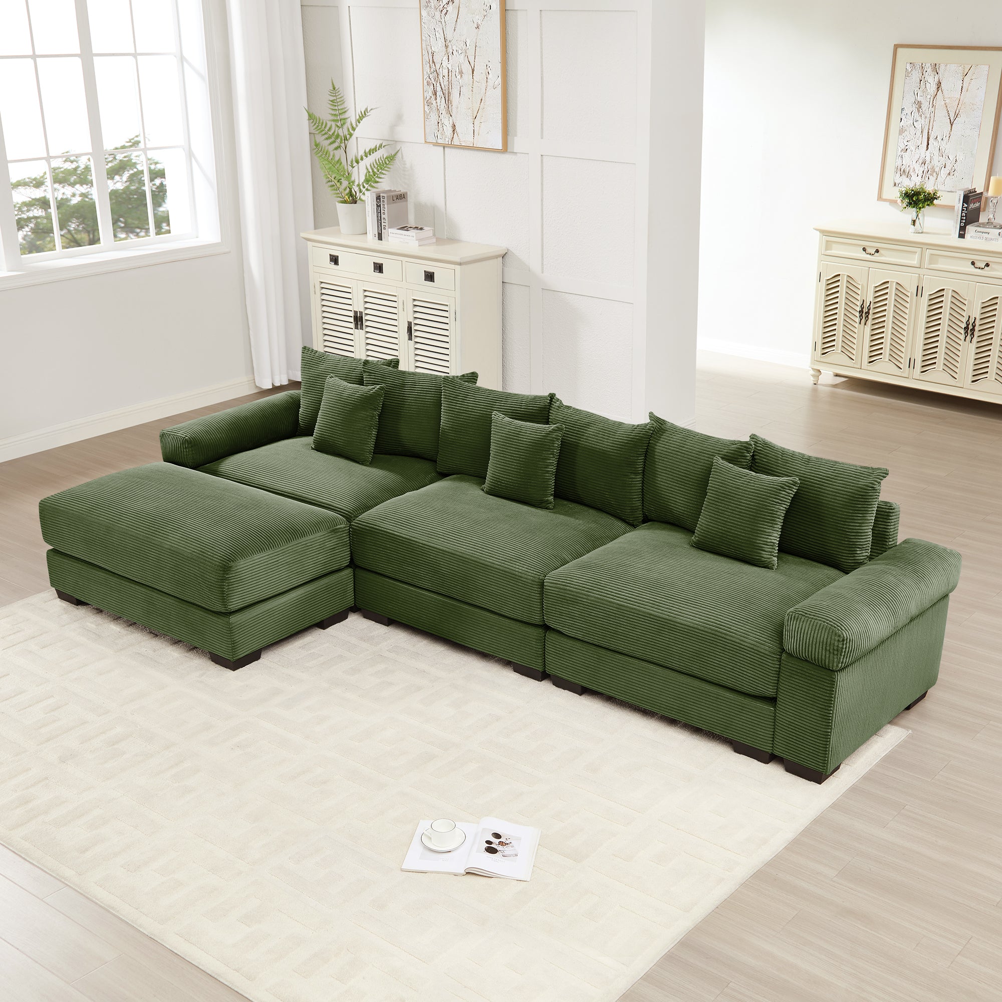 130-Inch Oversized Green Corduroy Modular L-Shape Sectional with Ottoman