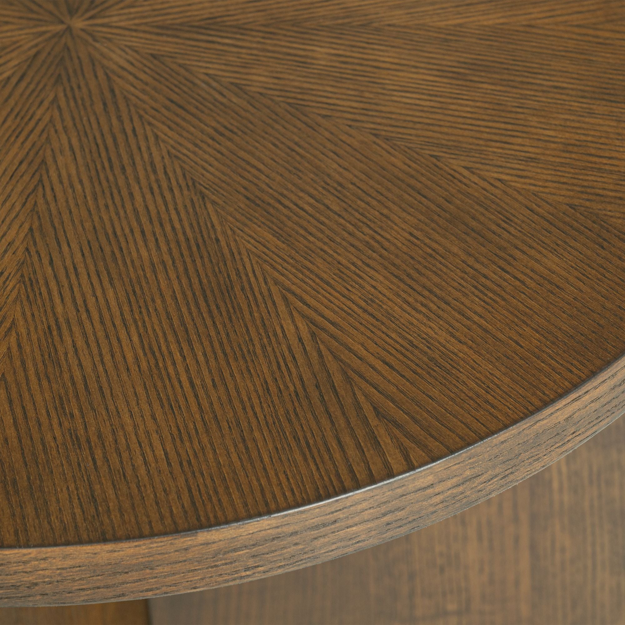 Close-up of the Sadie Walnut Brown Accent Table top showing detailed wood grain pattern, highlighting its quality craftsmanship.