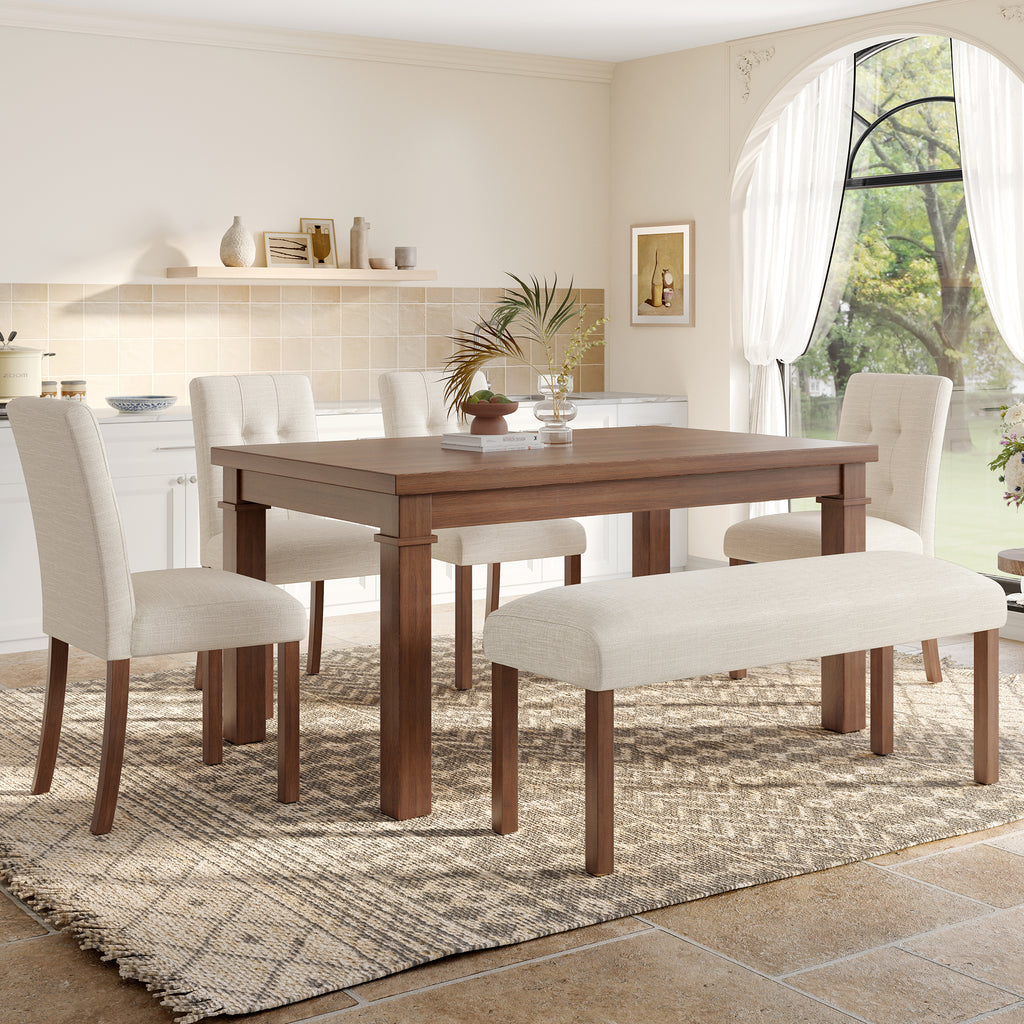 6-Piece Walnut Wood Modern Dining Set with Upholstered Chairs & Bench