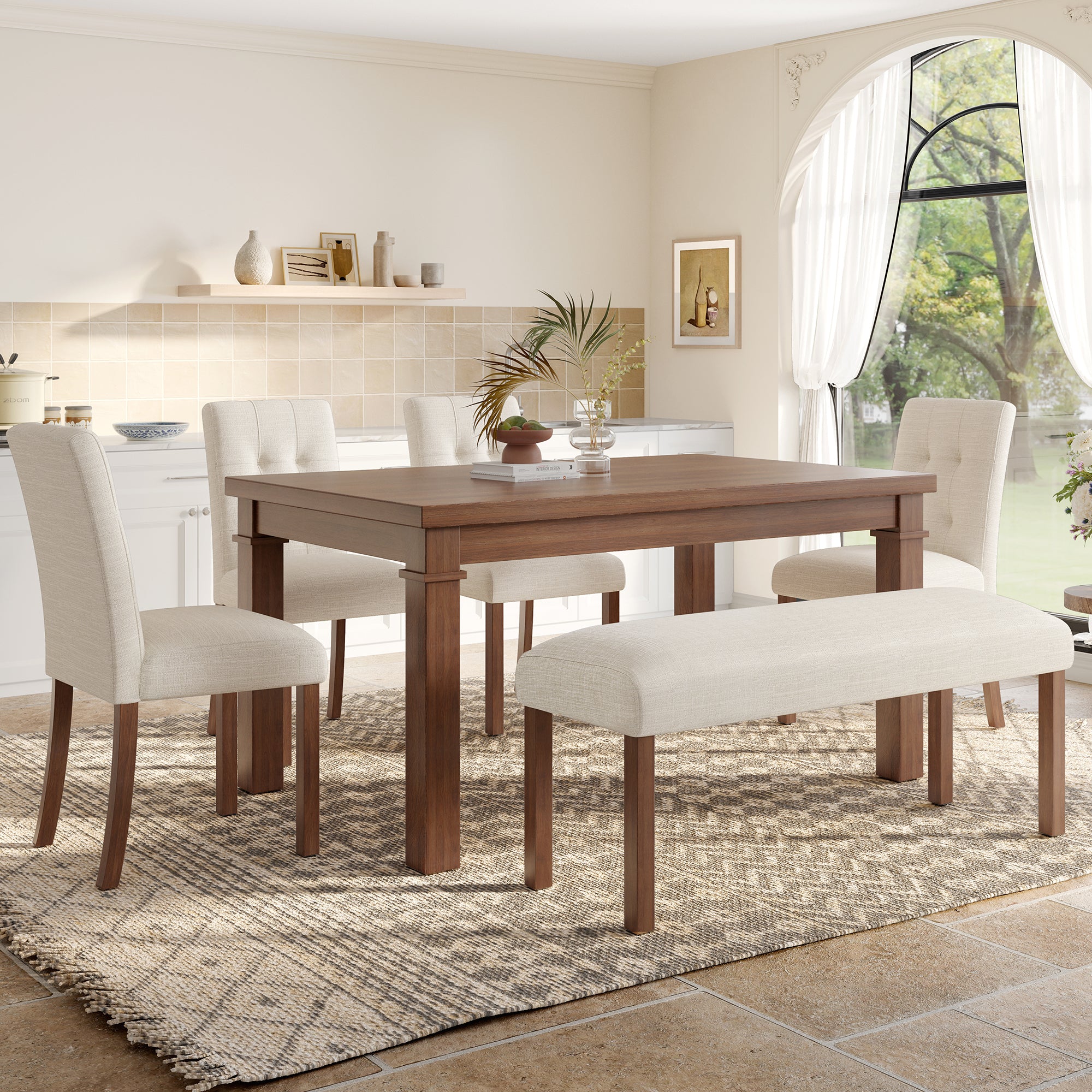 6-Piece Walnut Wood Modern Dining Set with Upholstered Chairs & Bench