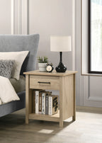 Light Oak Nightstand with Drawer - Celeste 20' beside bed, featuring open shelf with books and modern decor. Ideal for bedrooms or living rooms.