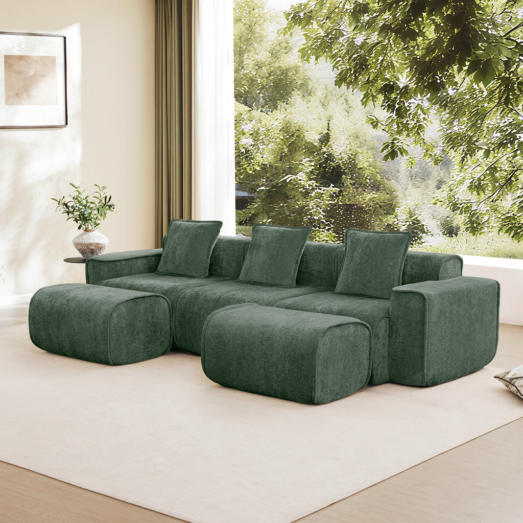 Velvet Modular U Shape Sofa - 3 Seats with Pillows and Ottomans arranged in a U-shape, ideal for gatherings and oversized seating comfort.