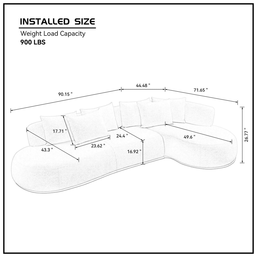 Dimension diagram of the Oversized L-Shape Sofa with right chaise, showing measurements and 900 lbs weight capacity for easy planning.