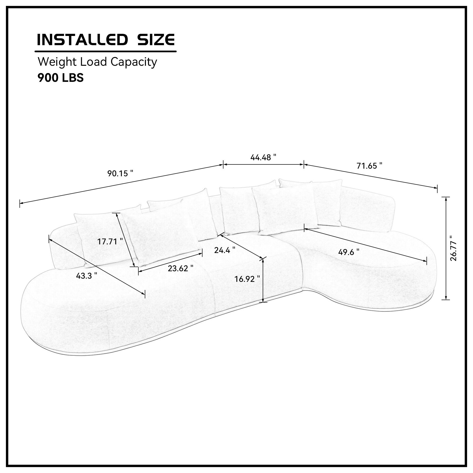 Dimension diagram of the Oversized L-Shape Sofa with right chaise, showing measurements and 900 lbs weight capacity for easy planning.