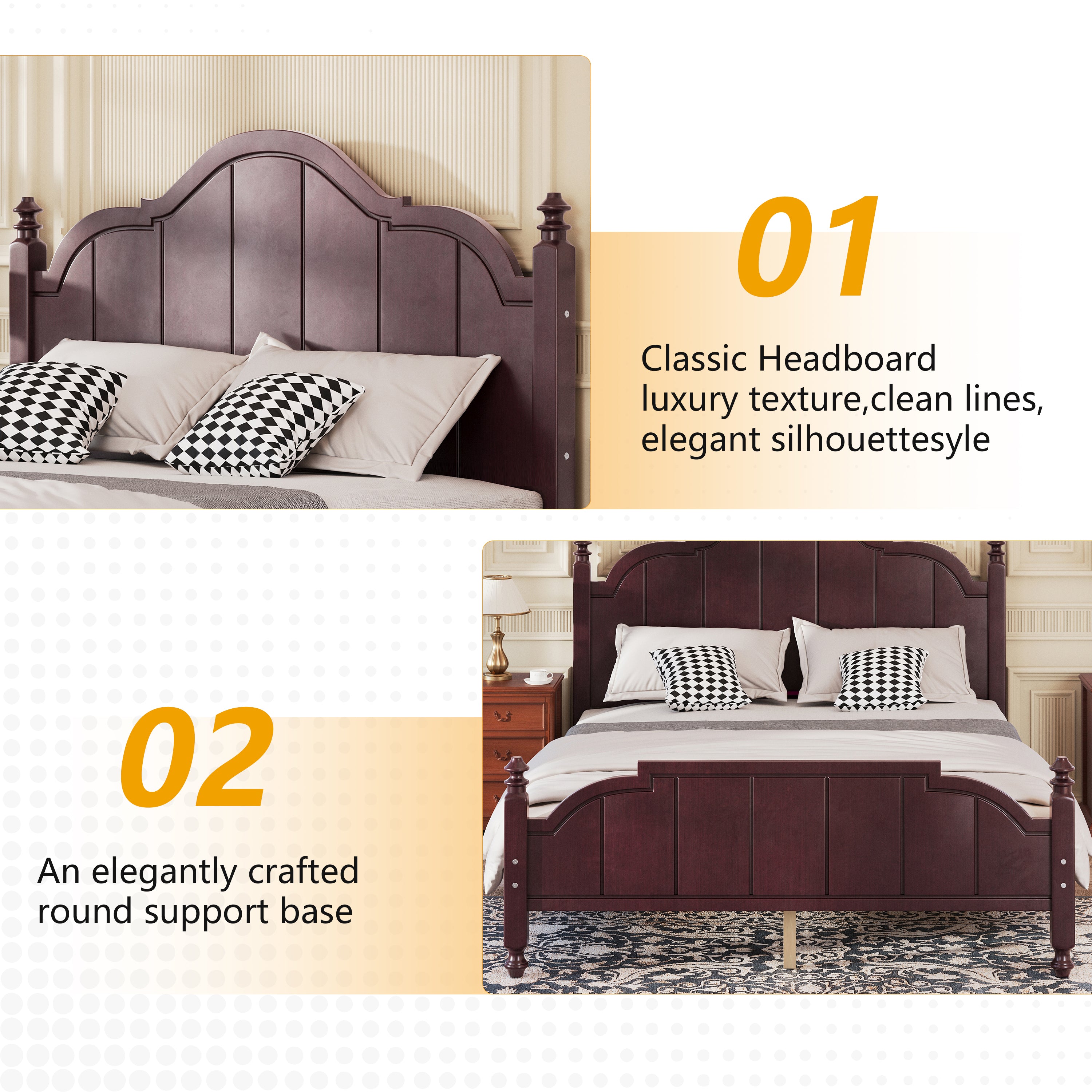 Infographic showing vintage queen bed frame with classic headboard and round support base, emphasizing luxury texture and elegant silhouette.