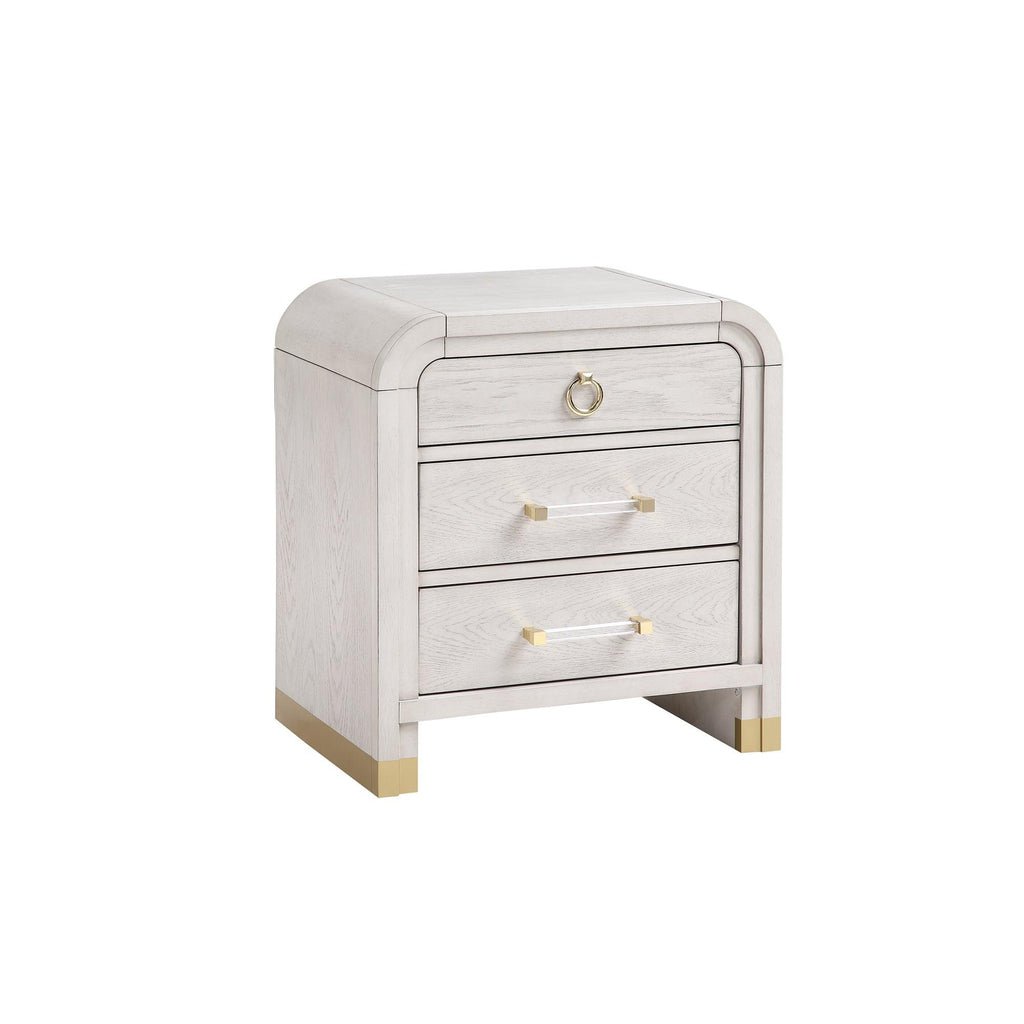 Malco Oak Nightstand with Spacious Drawer and Gold Metal Fluted Detailing in Black White Finish, Rubber Wood Construction.