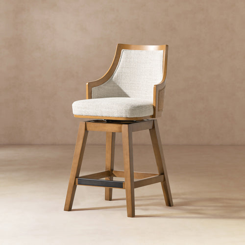 Rattan Swivel Counter Stool with Cane Back featuring a high back, recessed arms, and neutral gray upholstery, ideal for modern dining spaces.