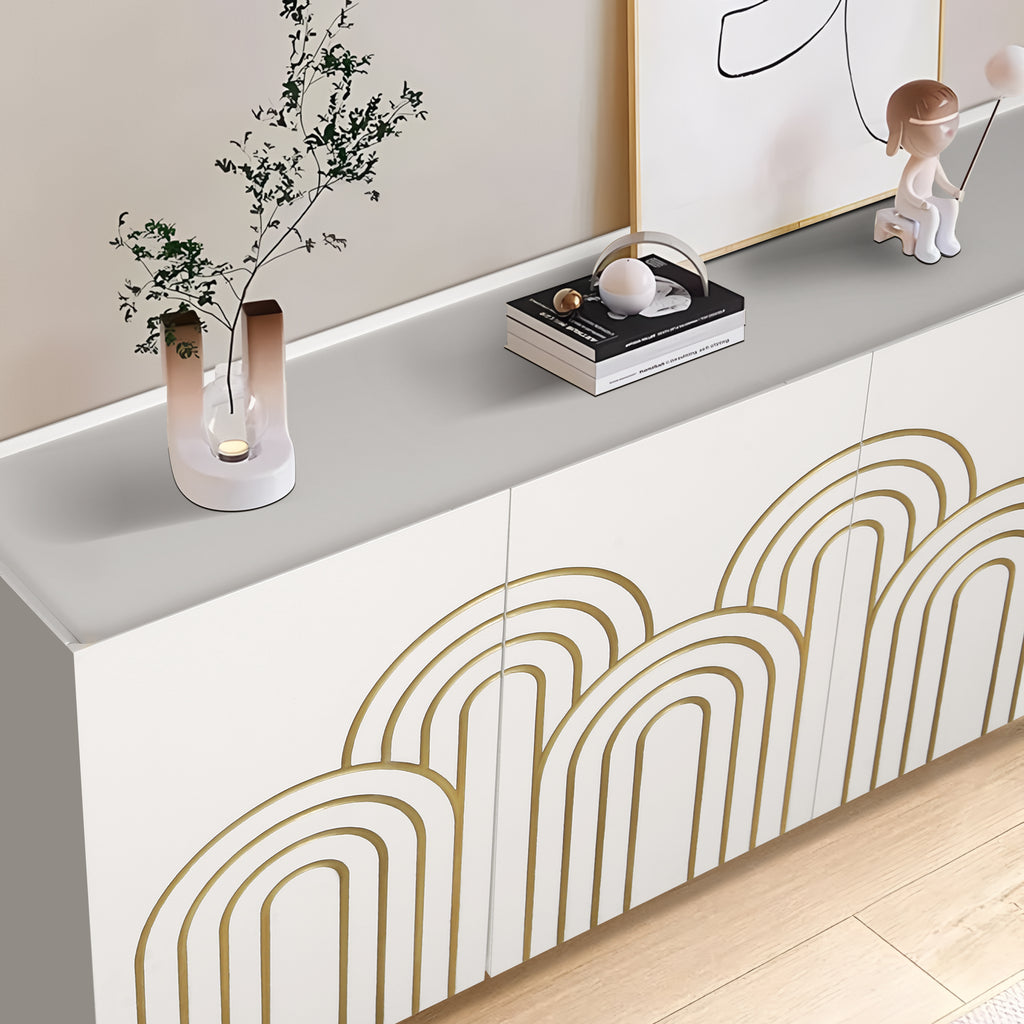 Modern Fluted Sideboard Buffet with Storage, Curve Element, 4 Doors with Adjustable Shelves, White