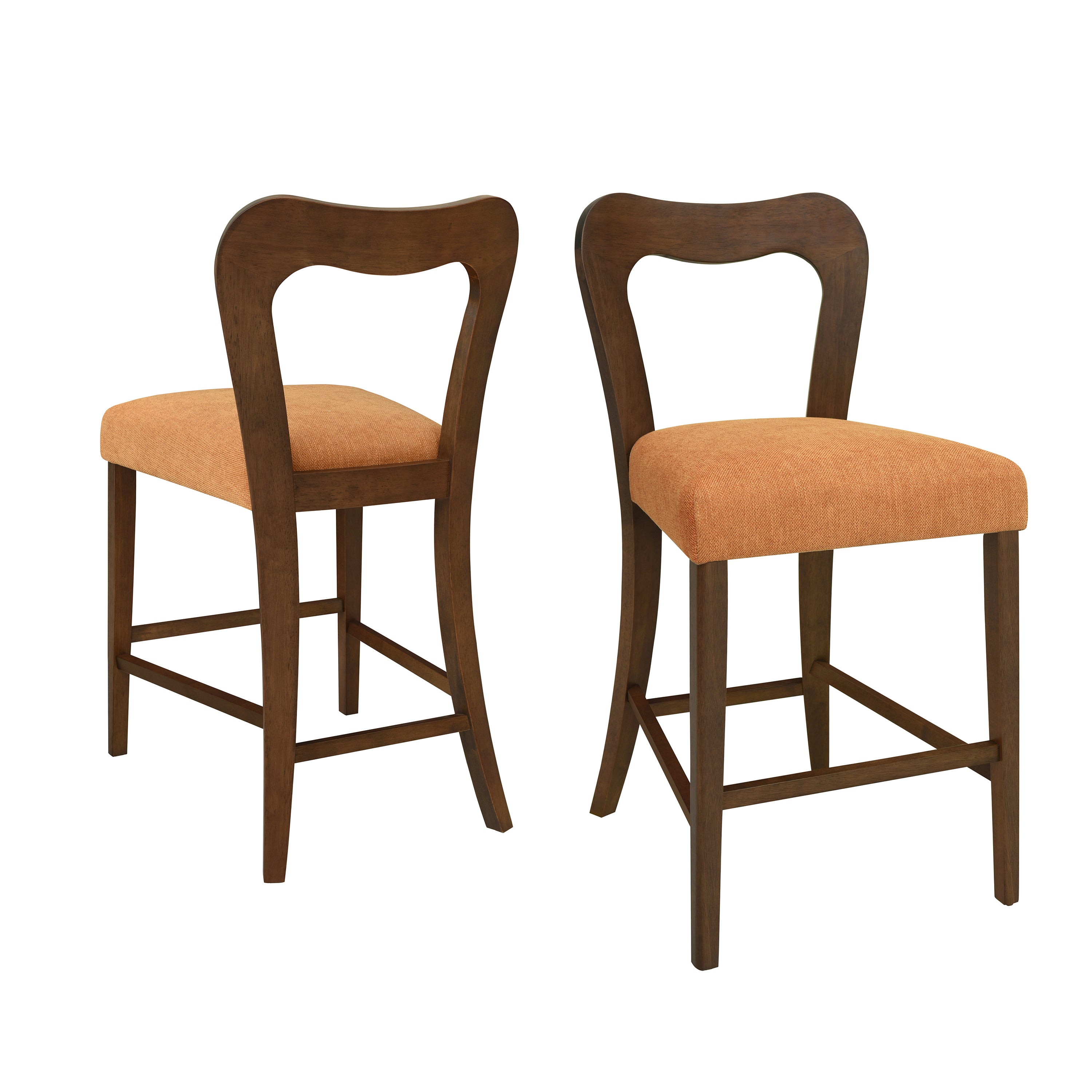 Counter Stool Set of 2 - Walnut Caramel with curved backrests and caramel upholstered seats. Crafted with durable rubberwood frames.