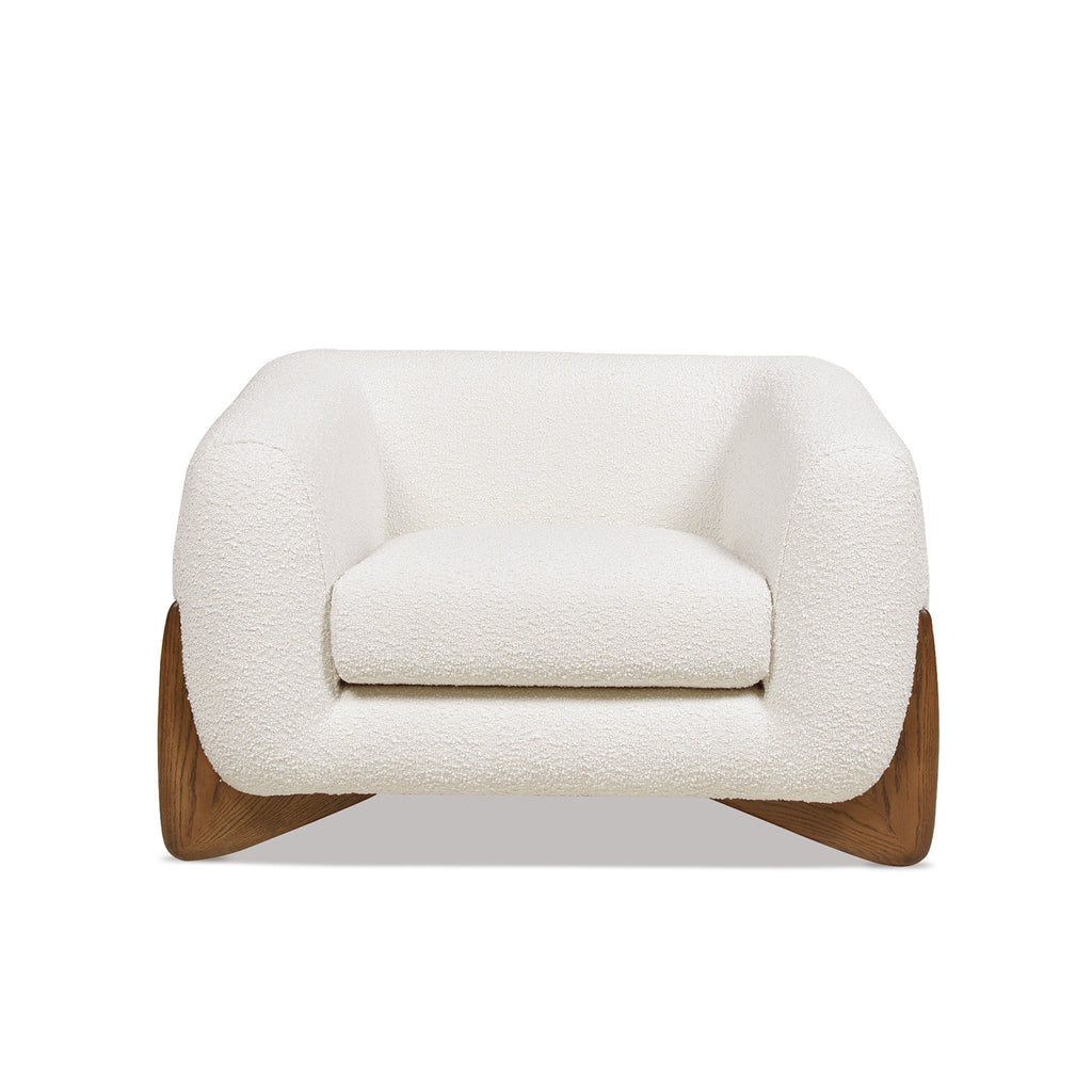 Front view of Alpine 44' Sherpa Arm Chair in ivory white boucle with plush seat and curved silhouette.