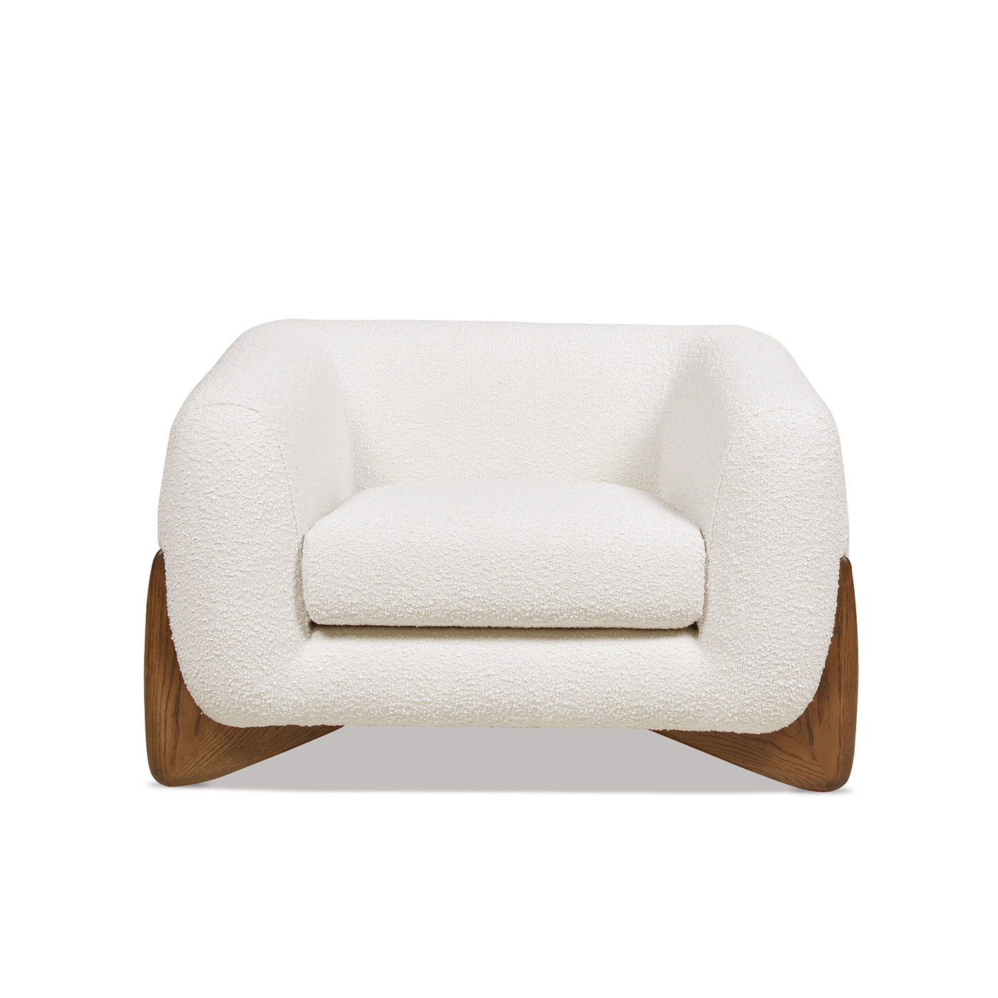 Front view of Alpine 44' Sherpa Arm Chair in ivory white boucle with plush seat and curved silhouette.