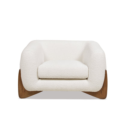 Front view of Alpine 44' Sherpa Arm Chair in ivory white boucle with plush seat and curved silhouette.