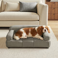Uptown gray performance velvet pet bed with a modern, tufted upholstered frame and low rolled arms.