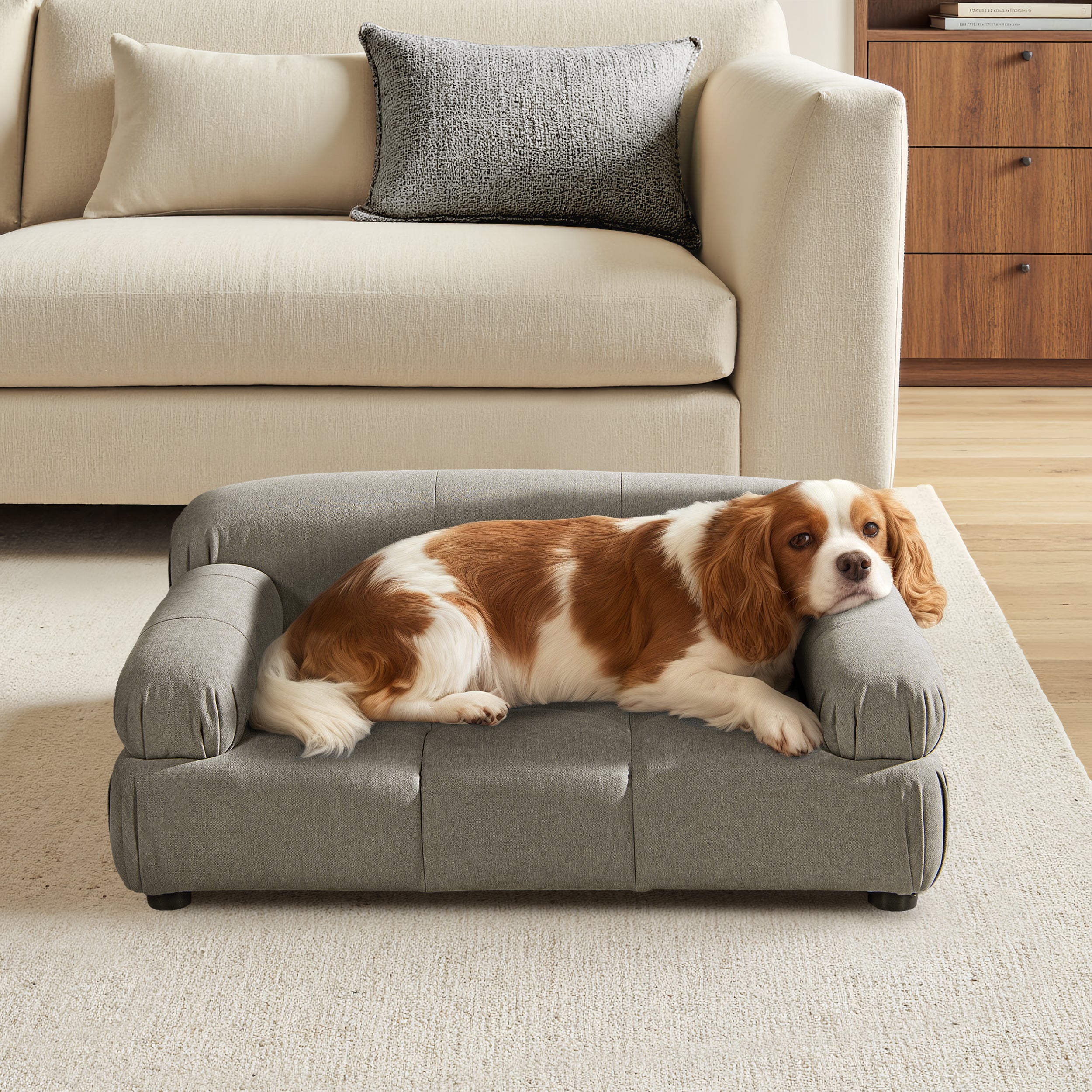 Uptown gray performance velvet pet bed with a modern, tufted upholstered frame and low rolled arms.