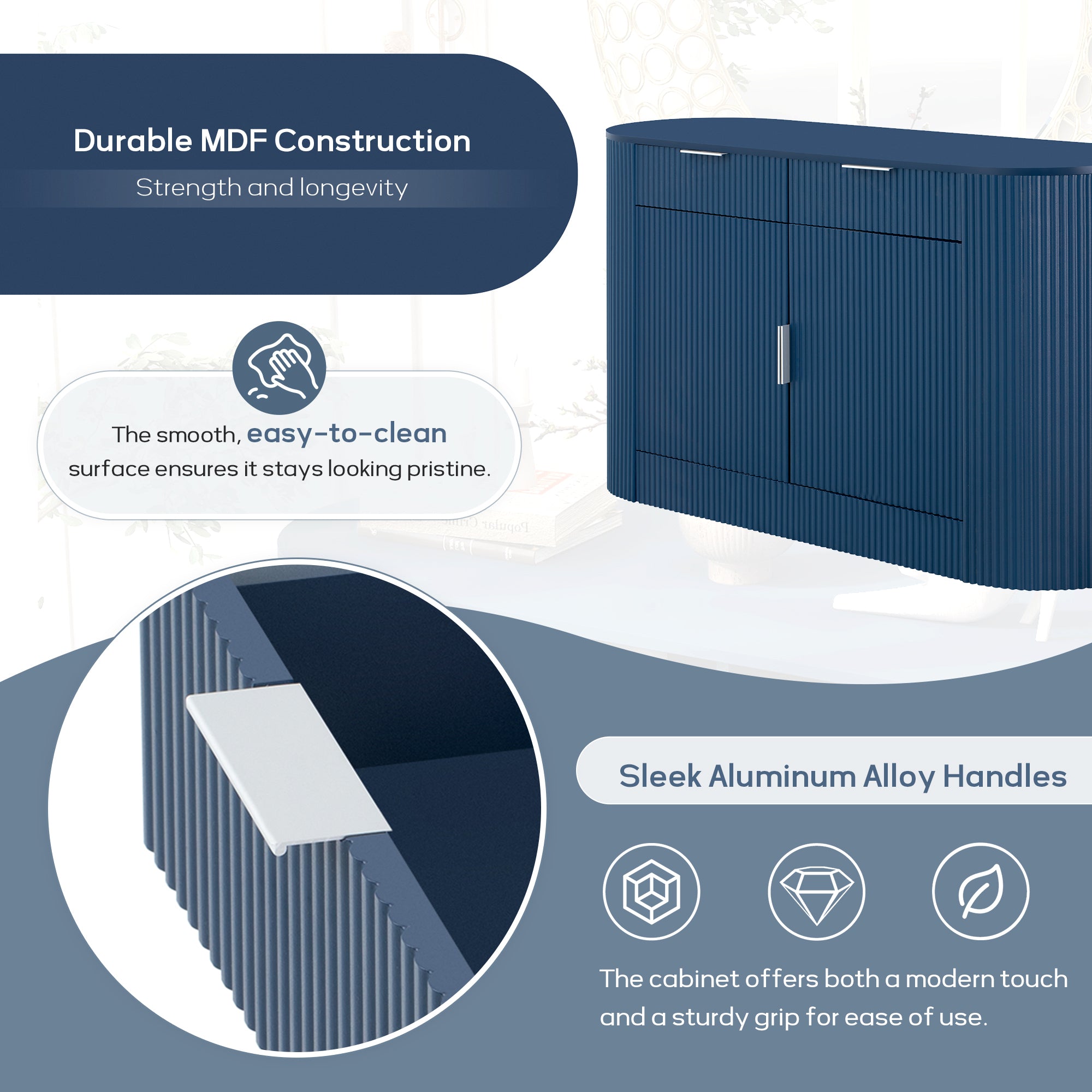 Durable MDF construction of modern storage cabinet with easy-to-clean surface and sleek aluminum alloy handles for a modern look.