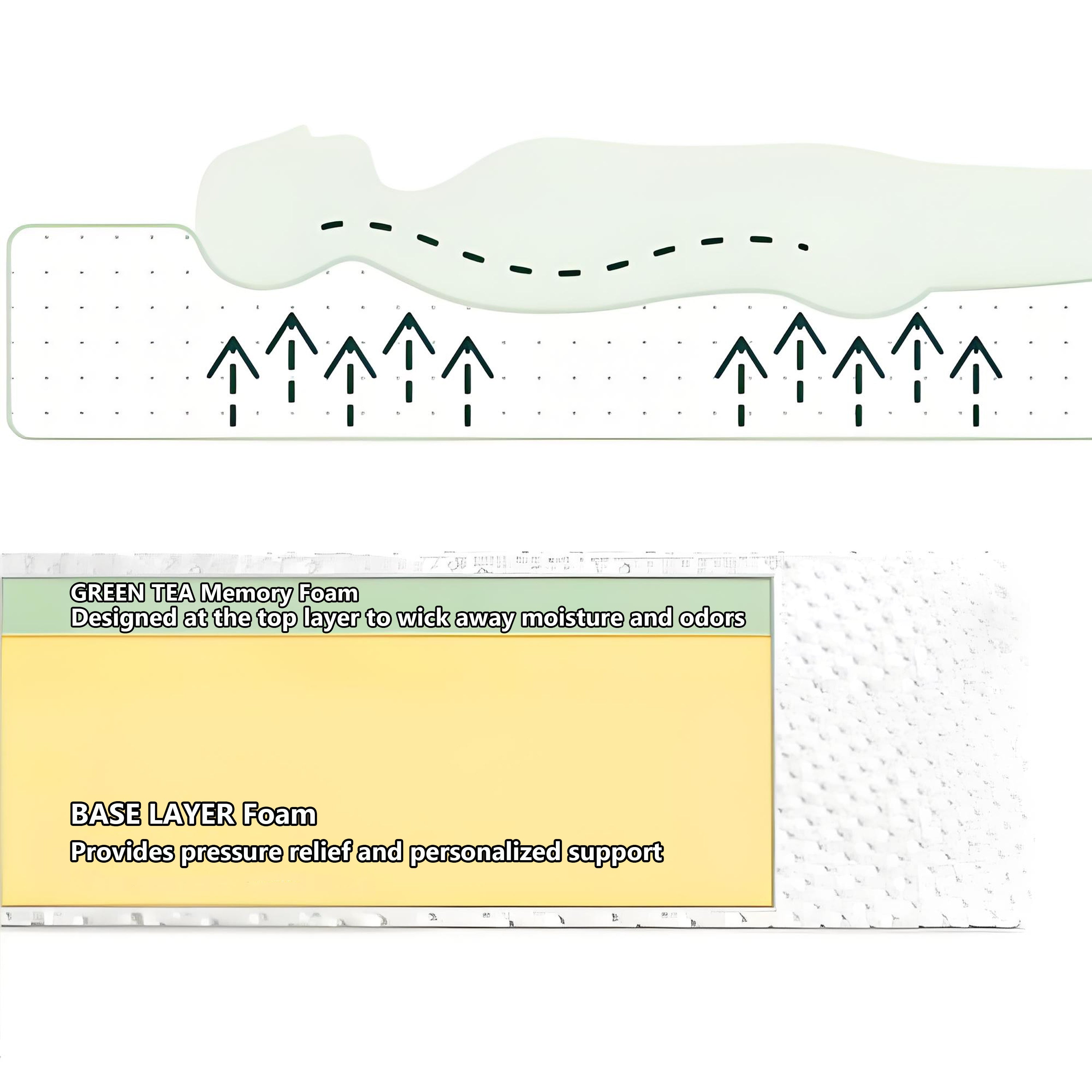 Cross-section diagram of Twin Green Tea Memory Foam Mattress showing green tea foam and base layer for pressure relief and airflow.