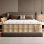 King Gel Memory Foam Hybrid Mattress - 14 Inch, Firm with 7-zone contouring and hotel-style comfort on a modern upholstered bed frame.