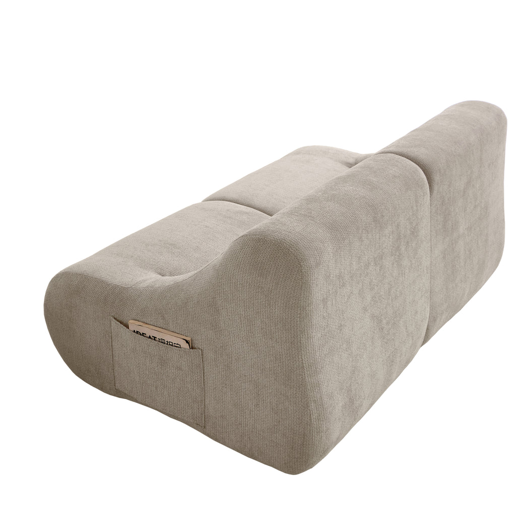 Rear angled view of beige memory foam 2-seater sofa with side pocket and soft chenille fabric, perfect for modern compact living.