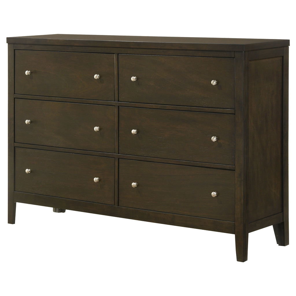 Dark espresso 6-drawer wooden dresser with a clean-lined frame and polished brushed nickel knob hardware.