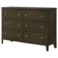 Dark espresso 6-drawer wooden dresser with a clean-lined frame and polished brushed nickel knob hardware.