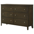 Dark espresso 6-drawer wooden dresser with a clean-lined frame and polished brushed nickel knob hardware.