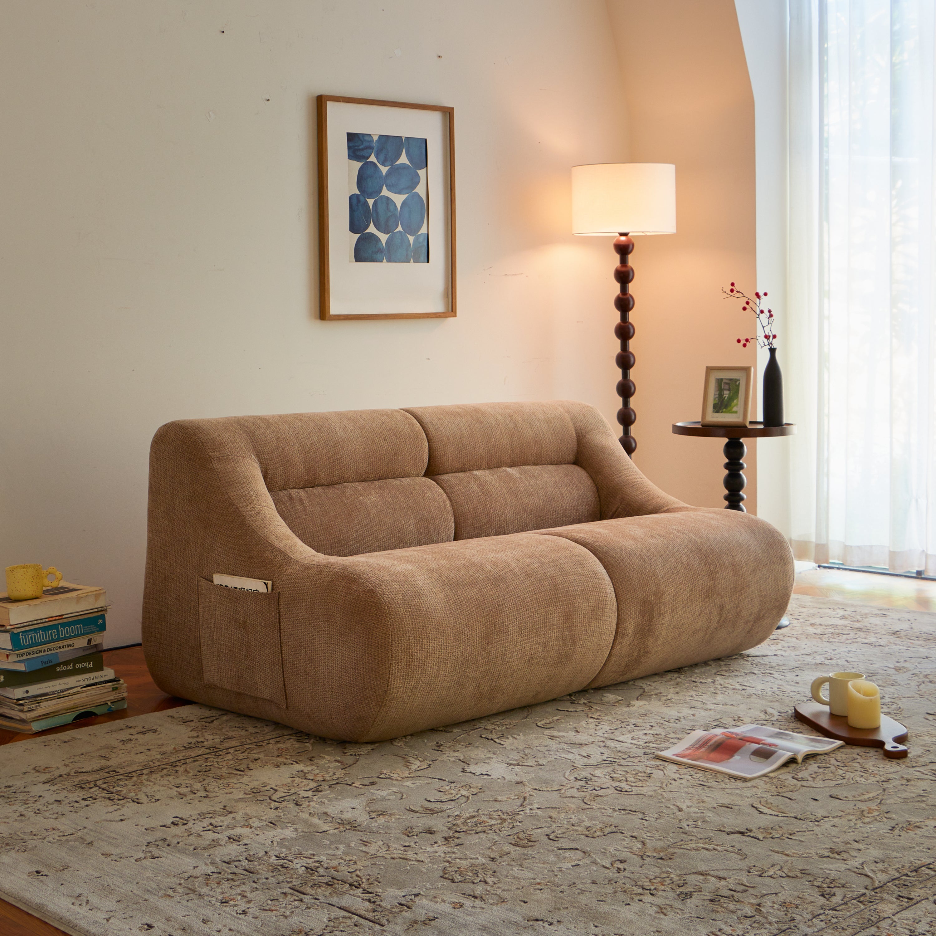 Chenille Fabric 2-Seater Sofa in brown with deep seats and side pocket, ideal for small living rooms. No assembly needed and easy to transport.