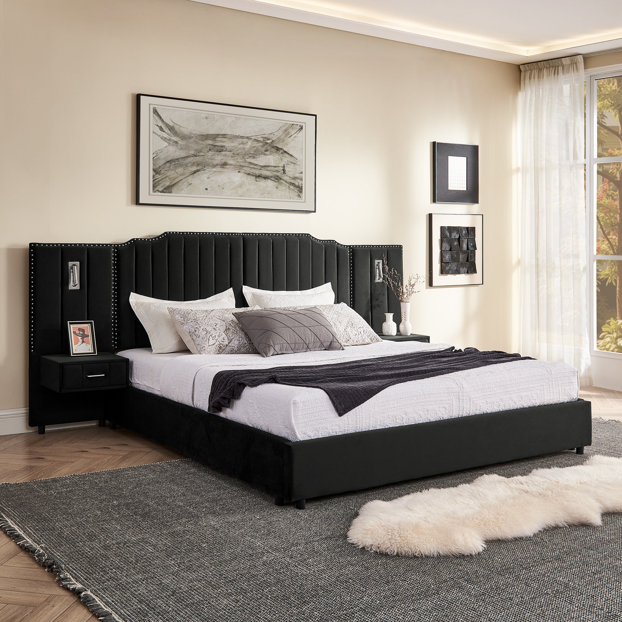 Black Velvet King Size Upholstered Bed Frame with solid wood slats, vertical stripes, and integrated nightstands in a cozy bedroom.