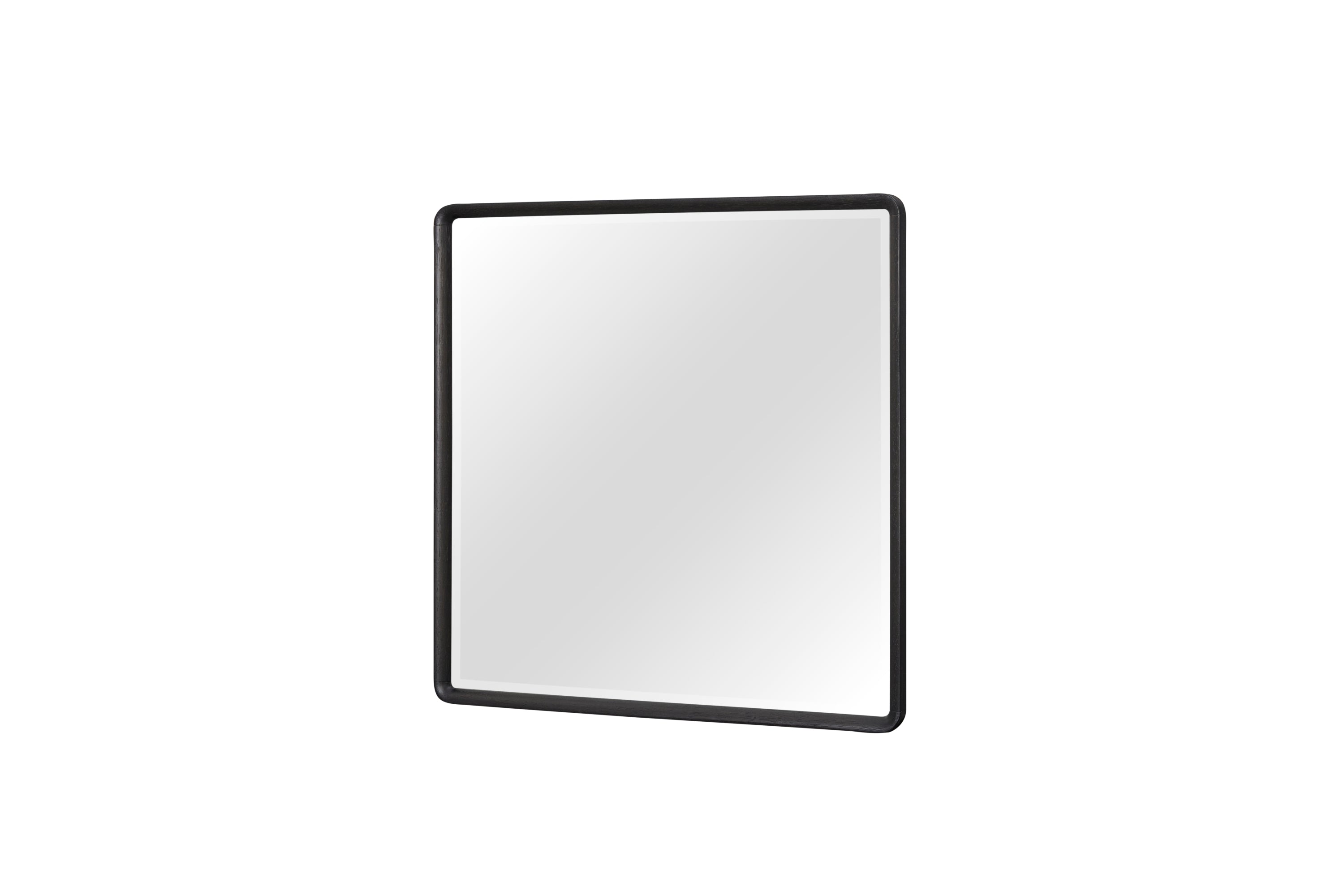 Angled view of Elm Veneer Frame Mirror - Peppercorn Wood in 36x36 in., showcasing its sleek profile and durable wood construction.