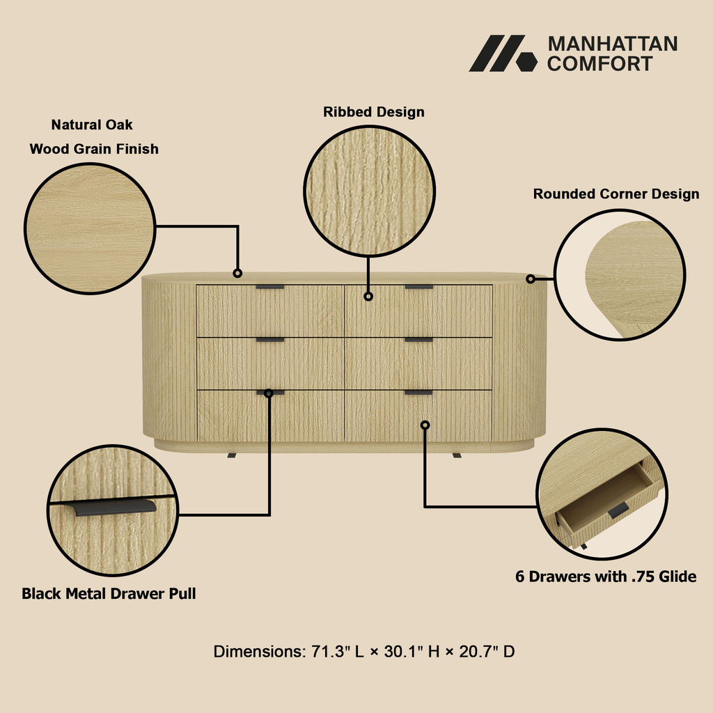 Olivia 71' Dresser in Natural Oak (6-Drawer)
