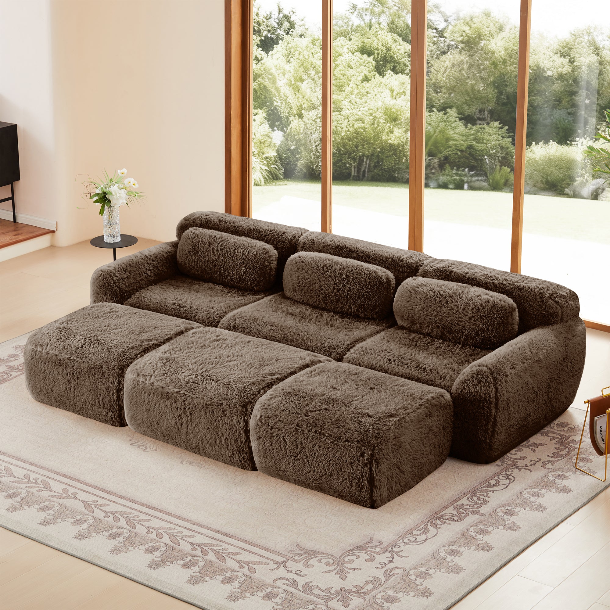 Chocolate modular sofa 3-seater plush fabric with movable ottoman in modern living room, no-leg design for easy cleaning.