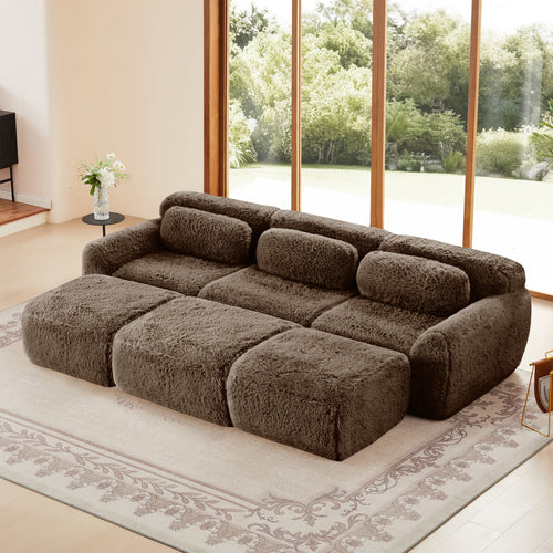 Chocolate modular sofa 3-seater plush fabric with movable ottoman in modern living room, no-leg design for easy cleaning.