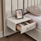 Detail of built-in nightstand drawer on king bed frame, showcasing storage space and elegant design with soft-close mechanism.