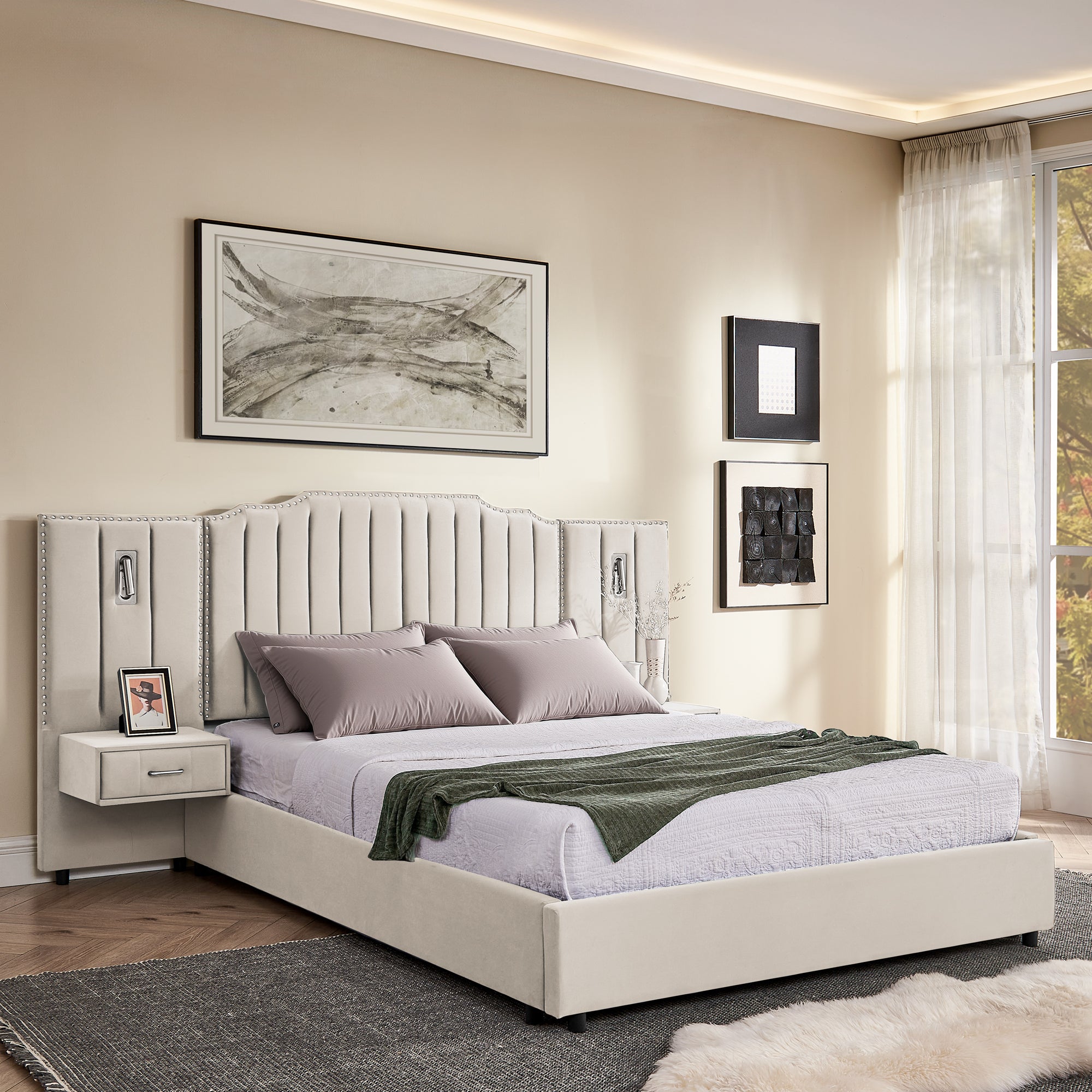 Velvet queen bed frame with built-in storage, vertical panel headboard, and mounted bedside tables with lamps for minimalist interiors.