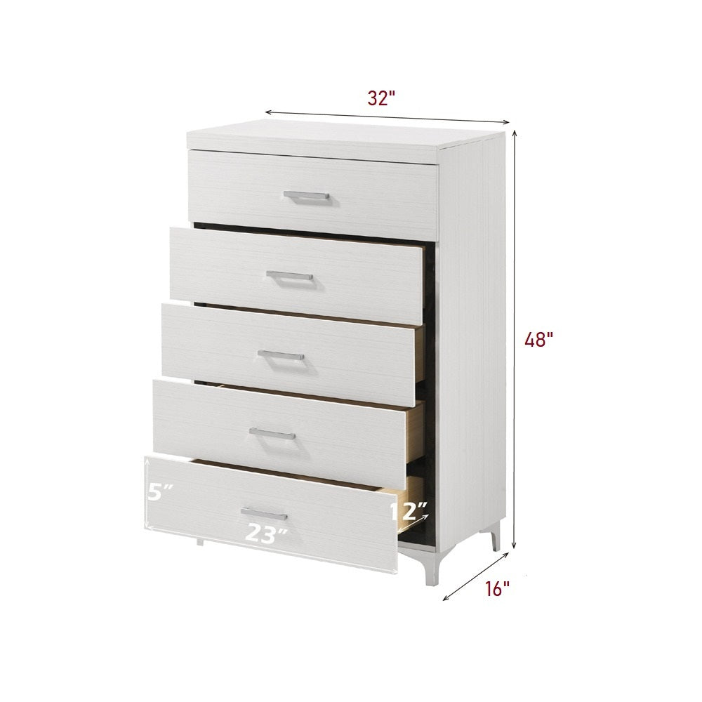 Dimension diagram of White Finish 5 Drawer Wooden Storage Chest showing 48-inch height, 32-inch width, and 16-inch depth.
