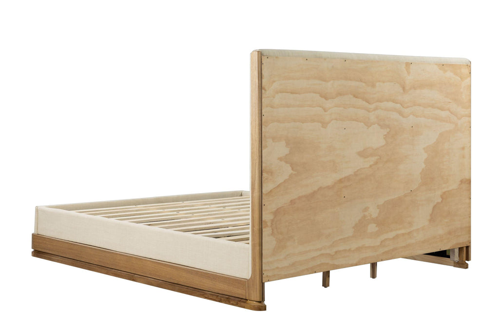 Zoey Beige Fabric Oak Queen Bed.