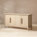 71-inch sideboard in light natural cerused reclaimed pine with four doors and minimalist vertical wood pulls.