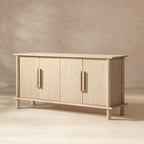 71-inch sideboard in light natural cerused reclaimed pine with four doors and minimalist vertical wood pulls.