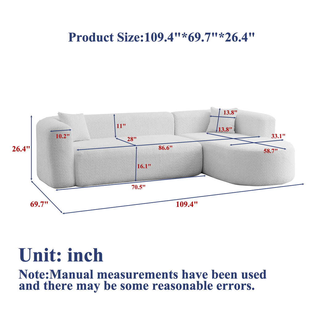 Dimension chart of 109.4' modular sectional sofa showing detailed measurements in inches for each section of the chenille fabric sofa.