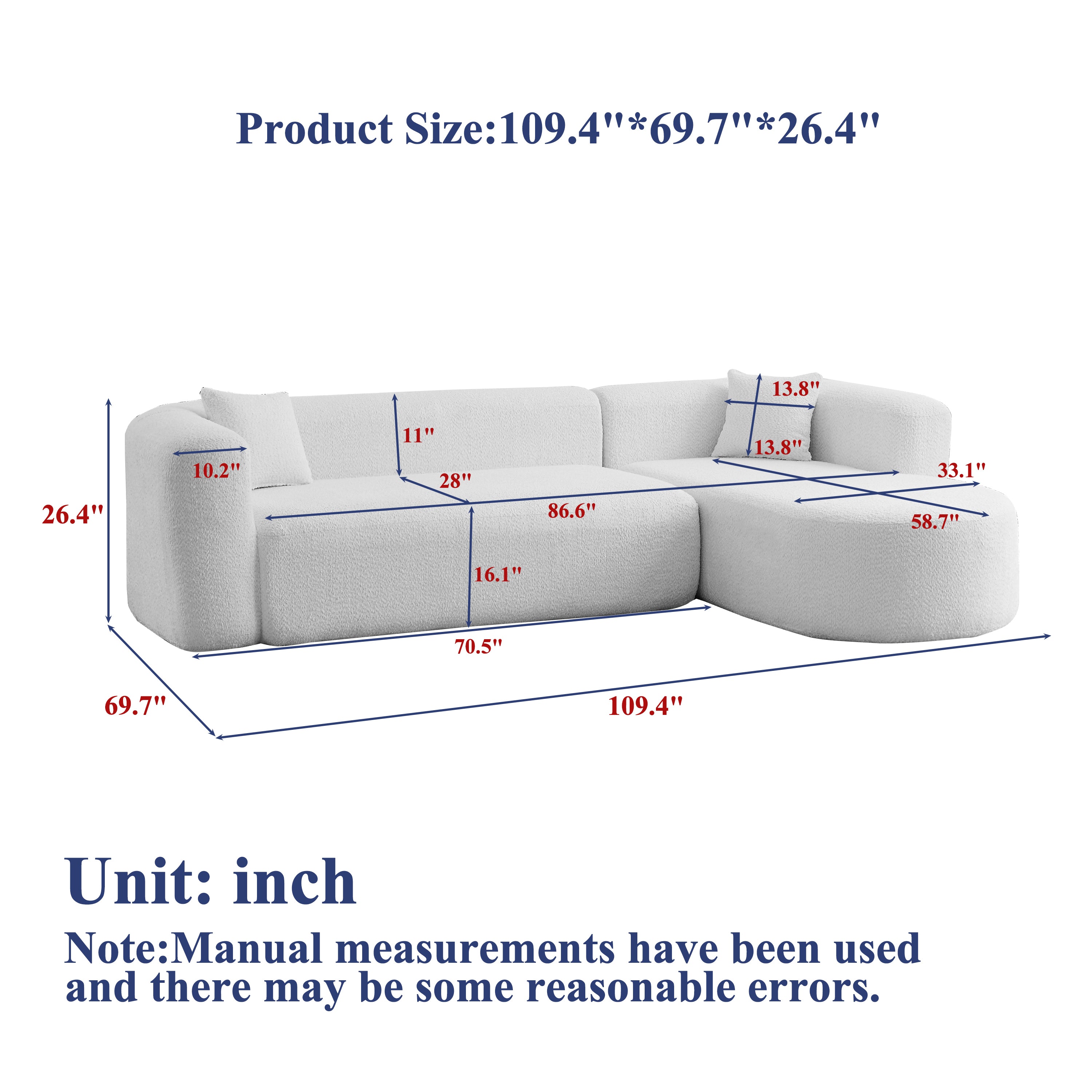 Dimension chart of 109.4' modular sectional sofa showing detailed measurements in inches for each section of the chenille fabric sofa.
