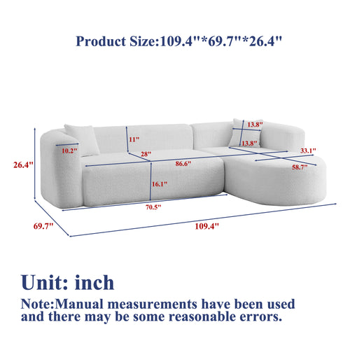 Dimension chart of 109.4' modular sectional sofa showing detailed measurements in inches for each section of the chenille fabric sofa.