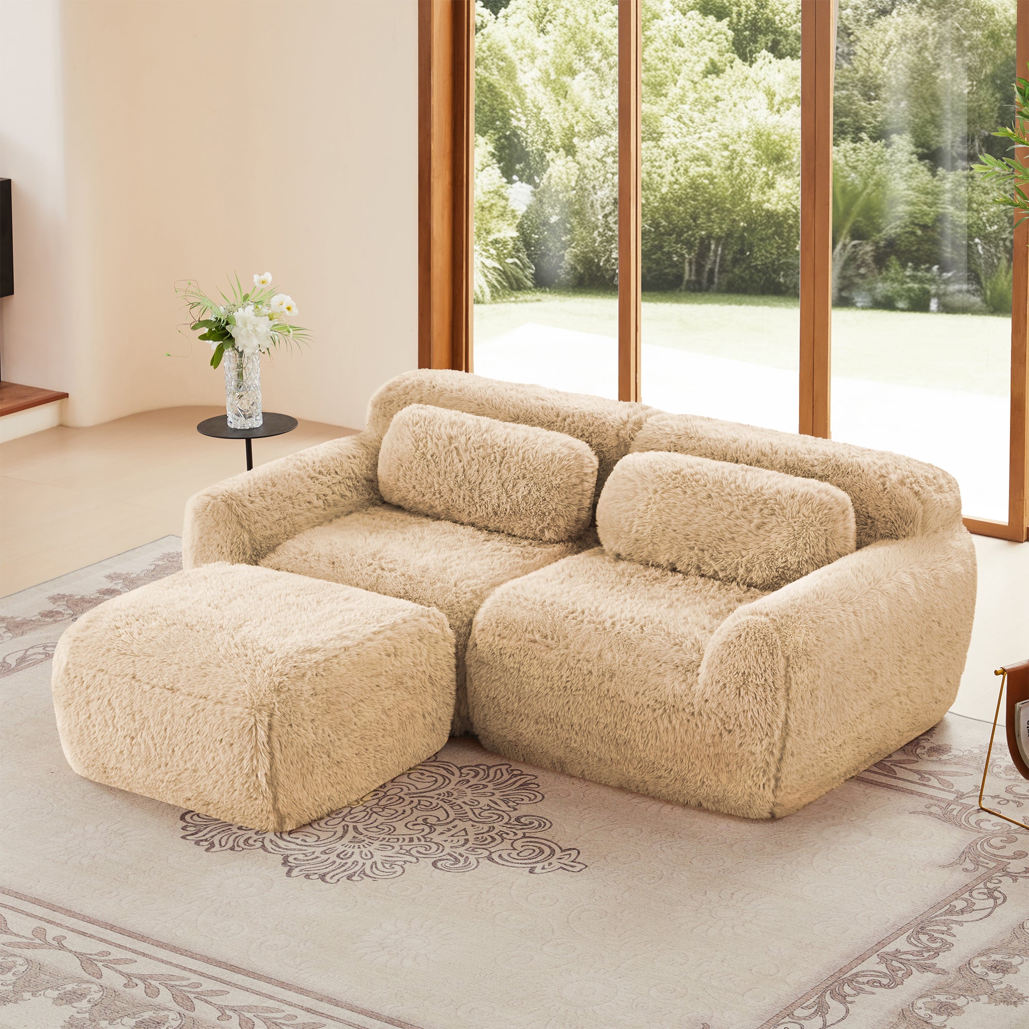 L-shaped modular sofa with chaise in plush beige fabric, ergonomic design, perfect for cozy living rooms or bedrooms.