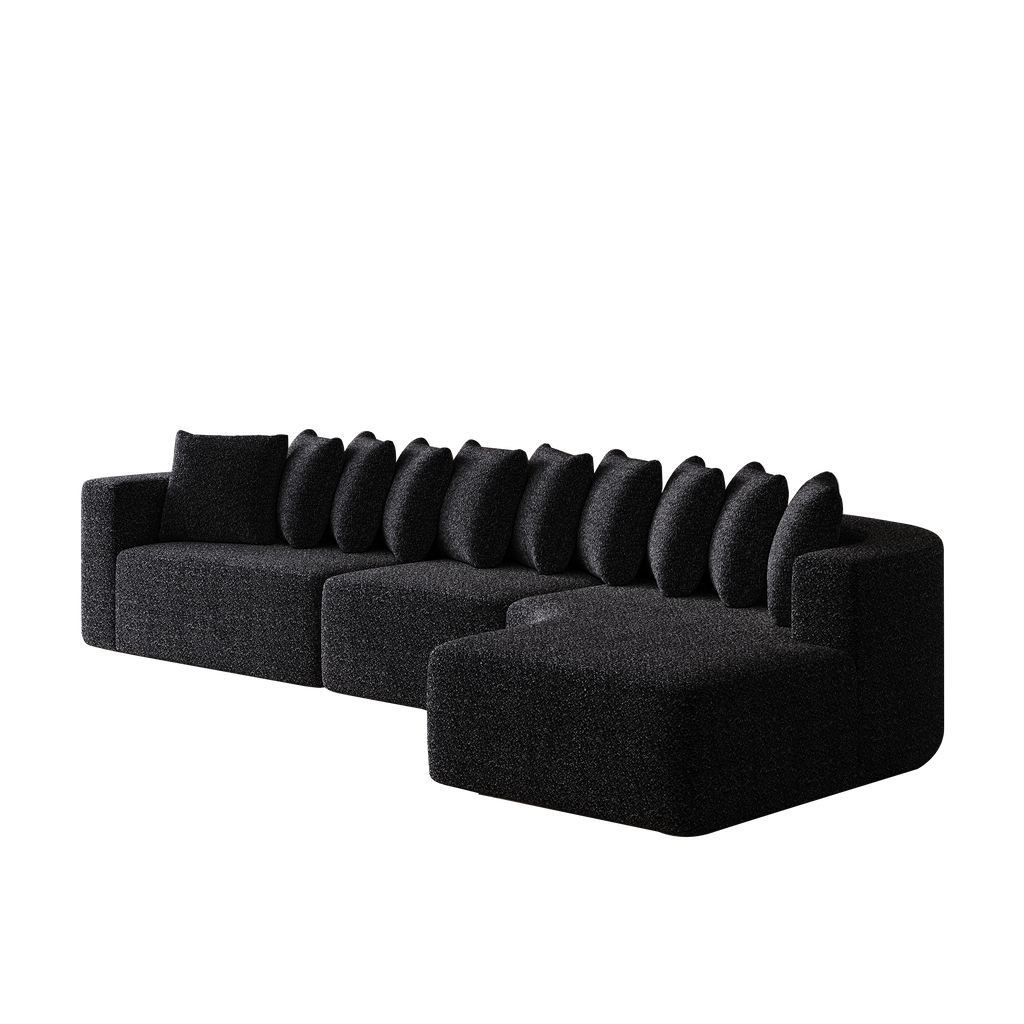 Chenille Sectional Sofa Set with 10 plush pillows and a right-facing chaise, upholstered in dark chenille for contemporary home decor.
