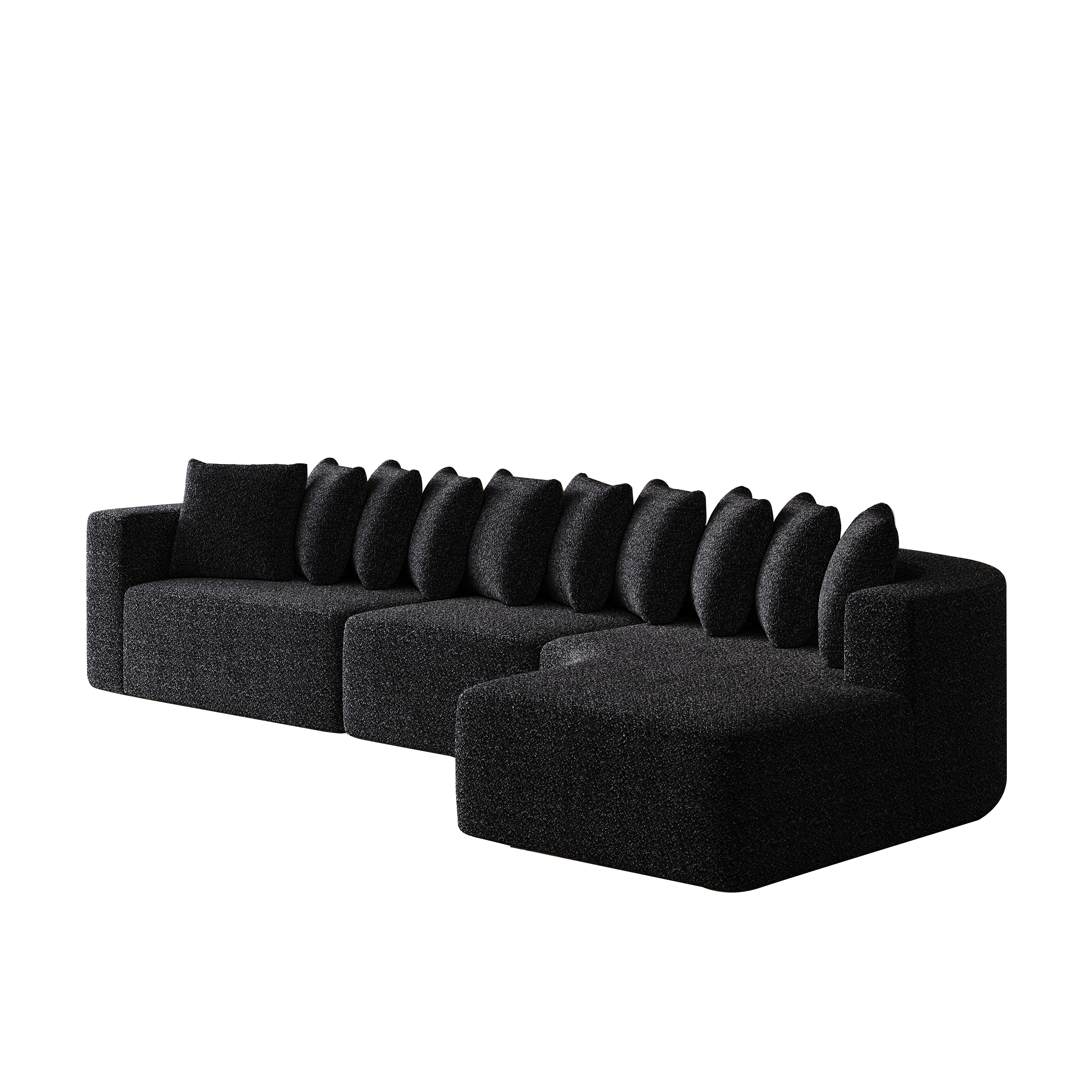 Chenille Sectional Sofa Set with 10 plush pillows and a right-facing chaise, upholstered in dark chenille for contemporary home decor.
